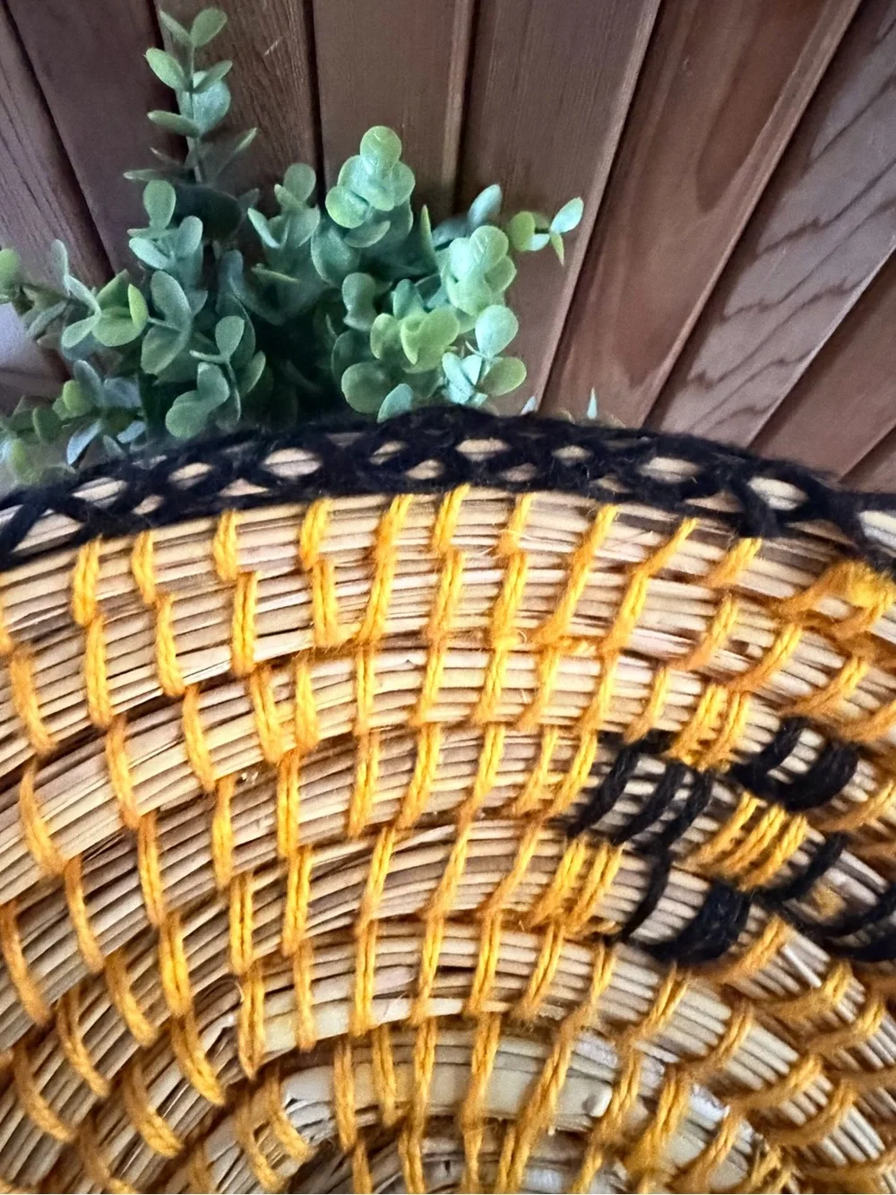 Handwoven Boho Lattice Border Wall Basket, Black + Golden Yellow Vintage-Style